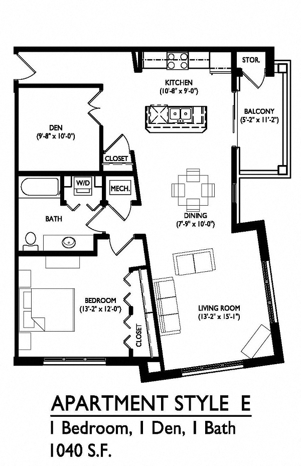 Floor plan for 1 bed, 1 bath, 1040 sqft